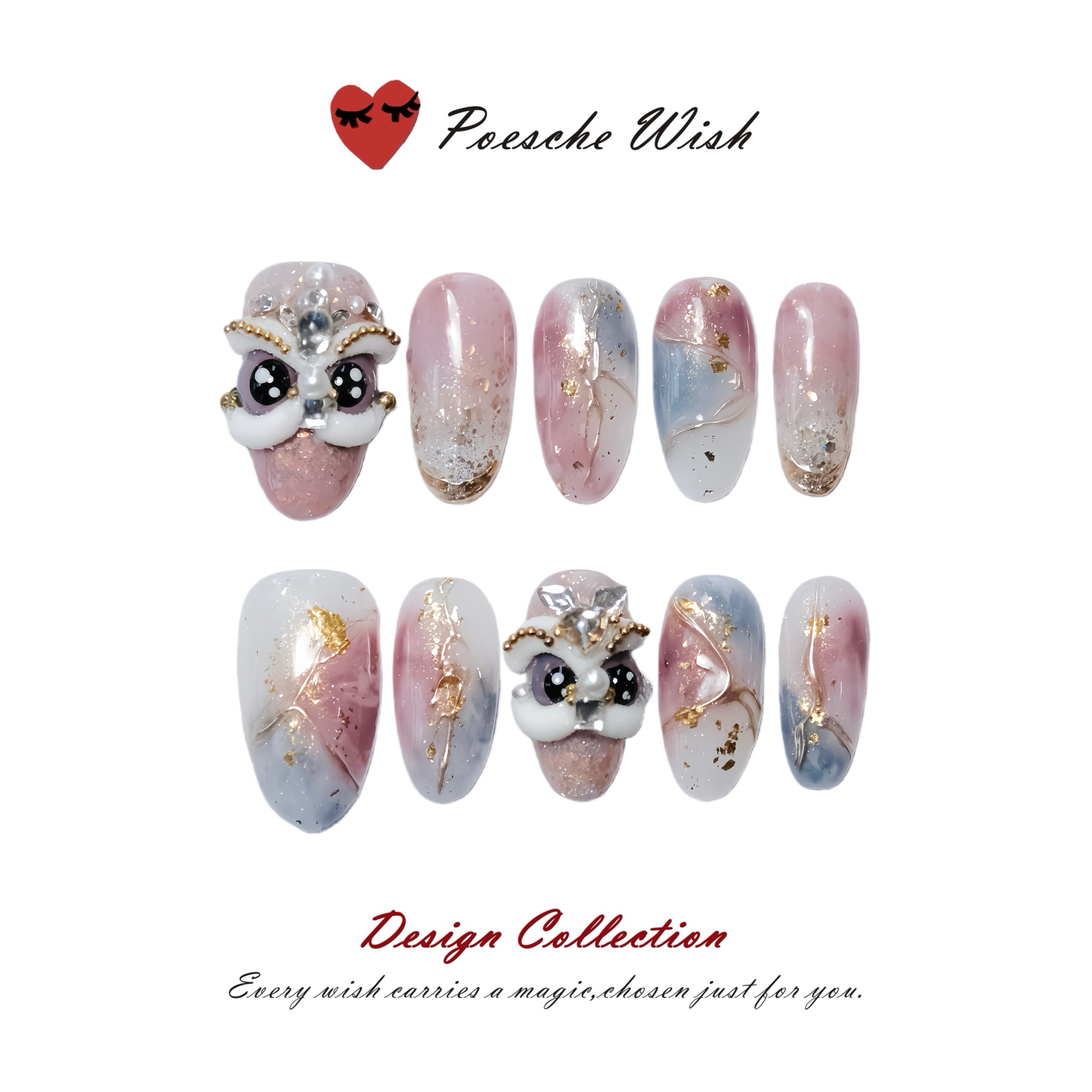 Oriental Bloom: Gilded Lion & Rose Marble Nails