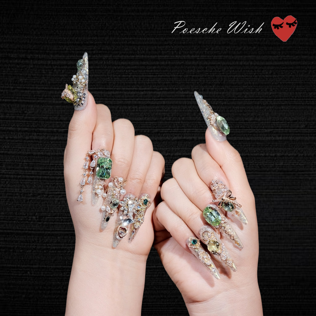 Emerald Mist: Forest Wing & Gilded Jewelry Nails