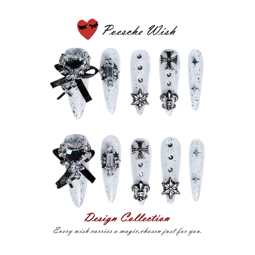 Gothic Ink: Chrome Cross & Black Ribbon Aura Nails