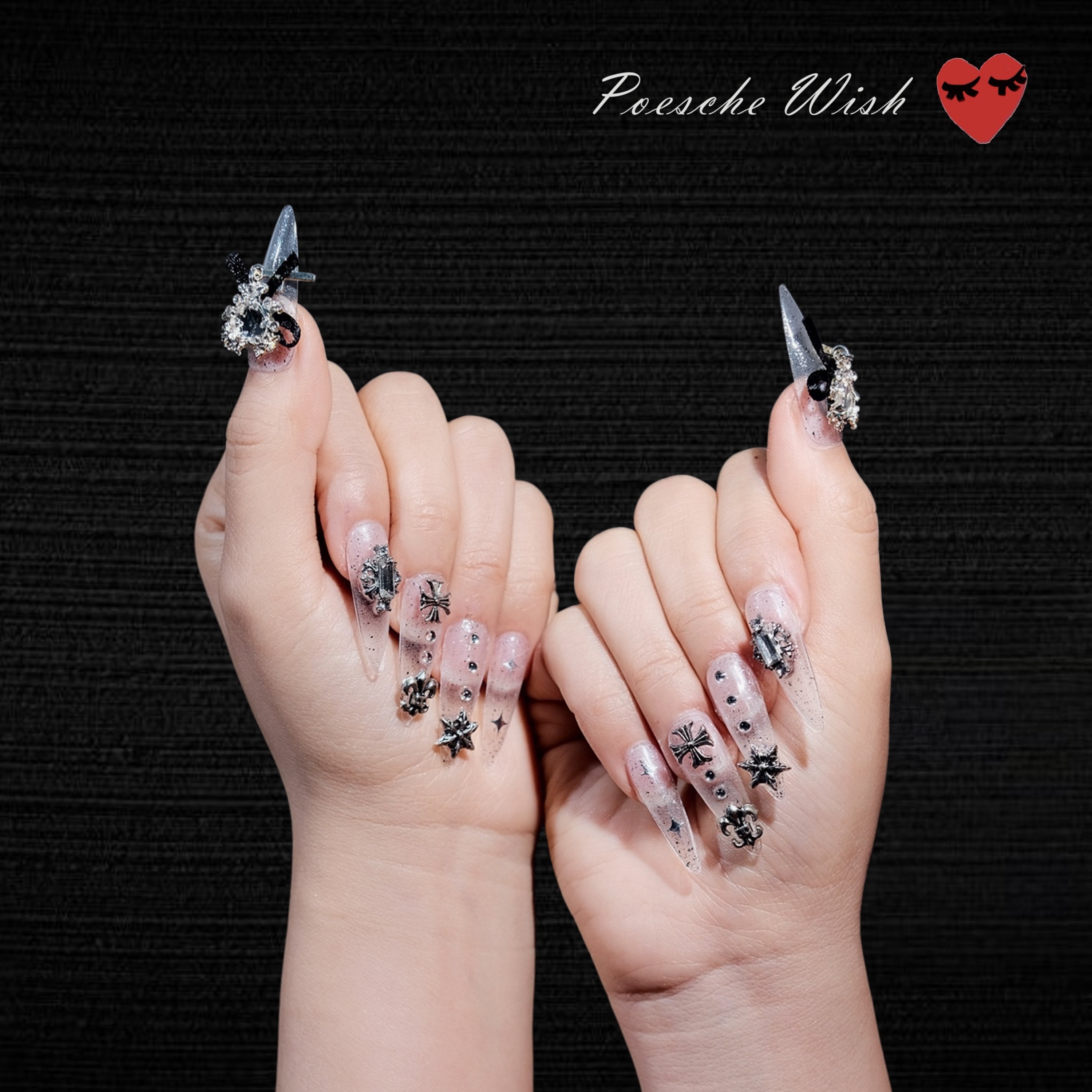Gothic Ink: Chrome Cross & Black Ribbon Aura Nails