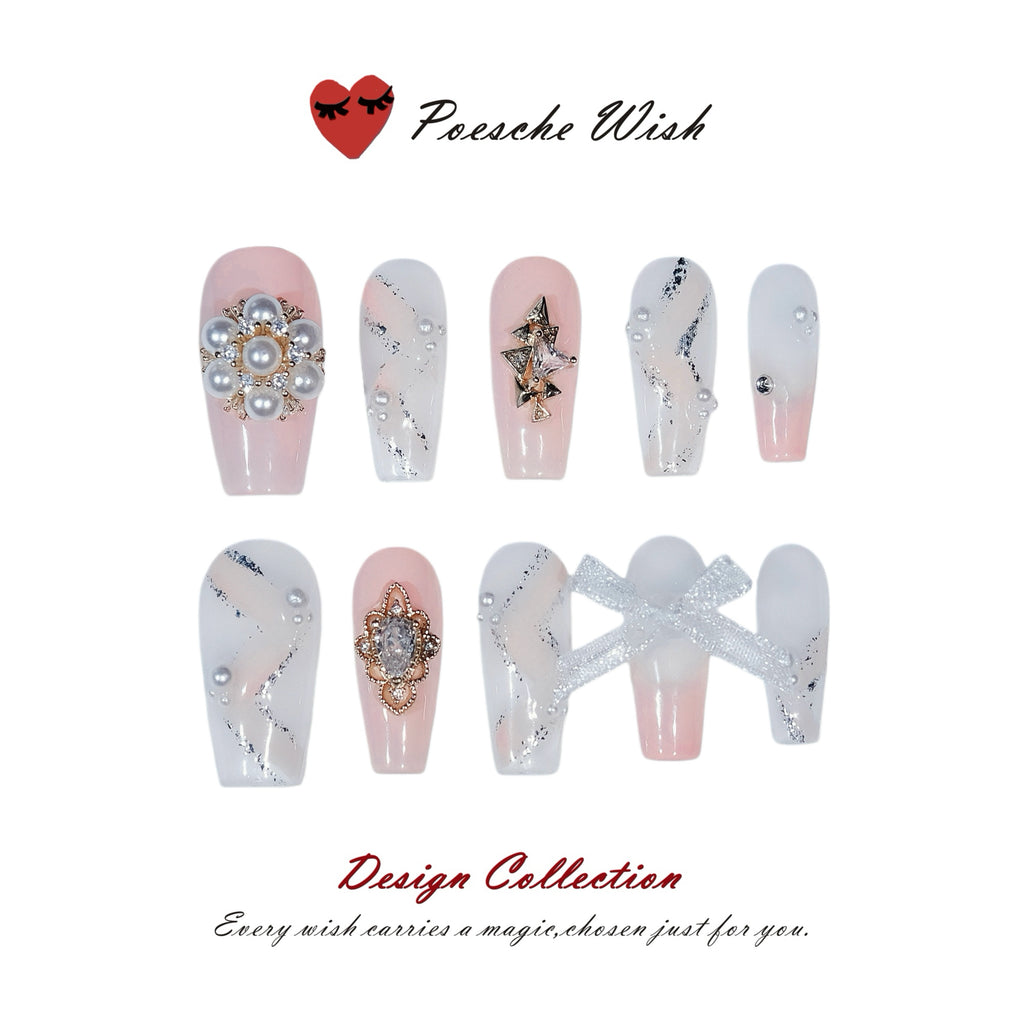 Blush Marble: Pearl Blossom & Silver Ribbon Nails