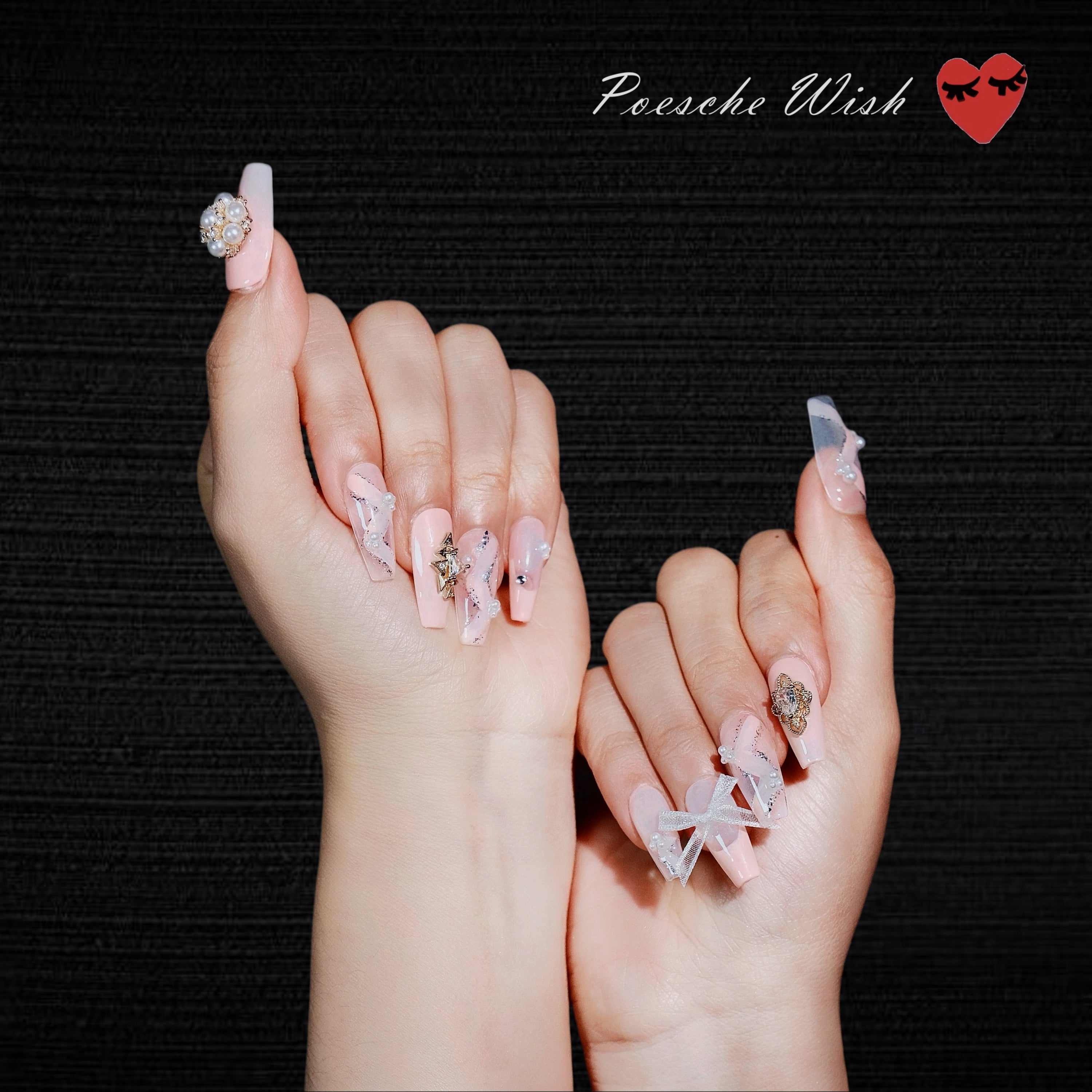Blush Marble: Pearl Blossom & Silver Ribbon Nails