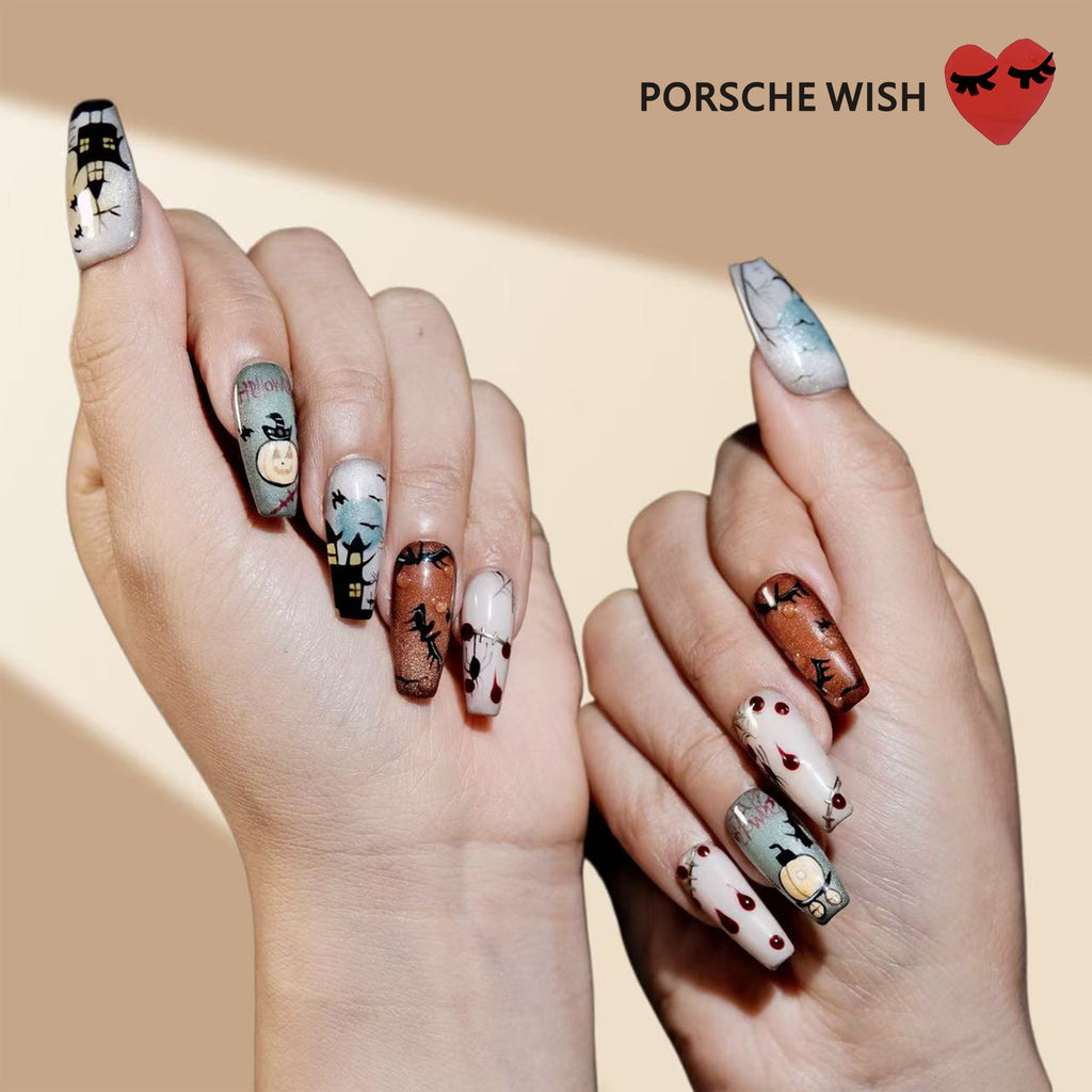 Mystic Halloween: Moonlit Shadows Smoky Gradient & Hand-Painted Art Nails