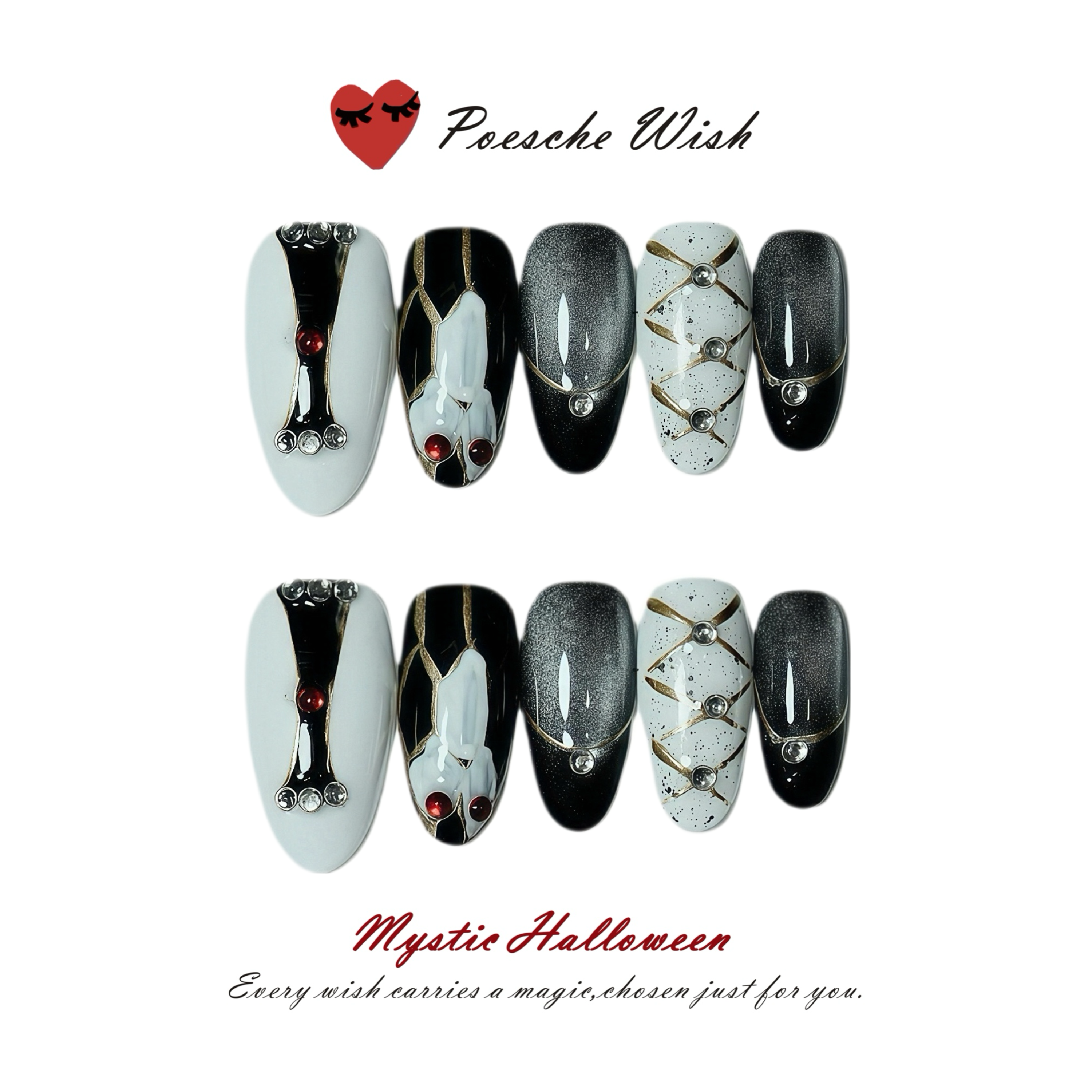 Mystic Halloween: Noir Masquerade Red & Black Jeweled Nails with Galaxy Shimmer
