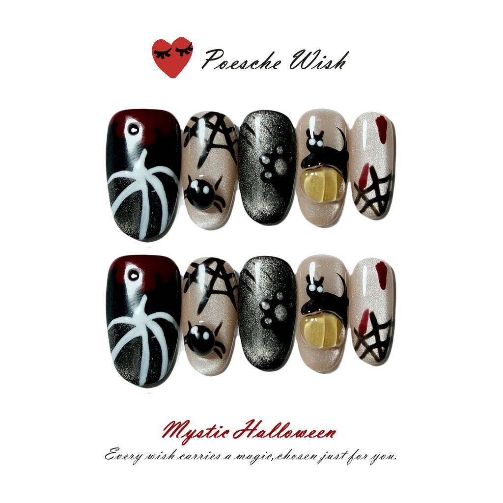 Mystic Halloween: Whimsical Black Cat & 3D Spiderweb Cat-Eye Art Nails