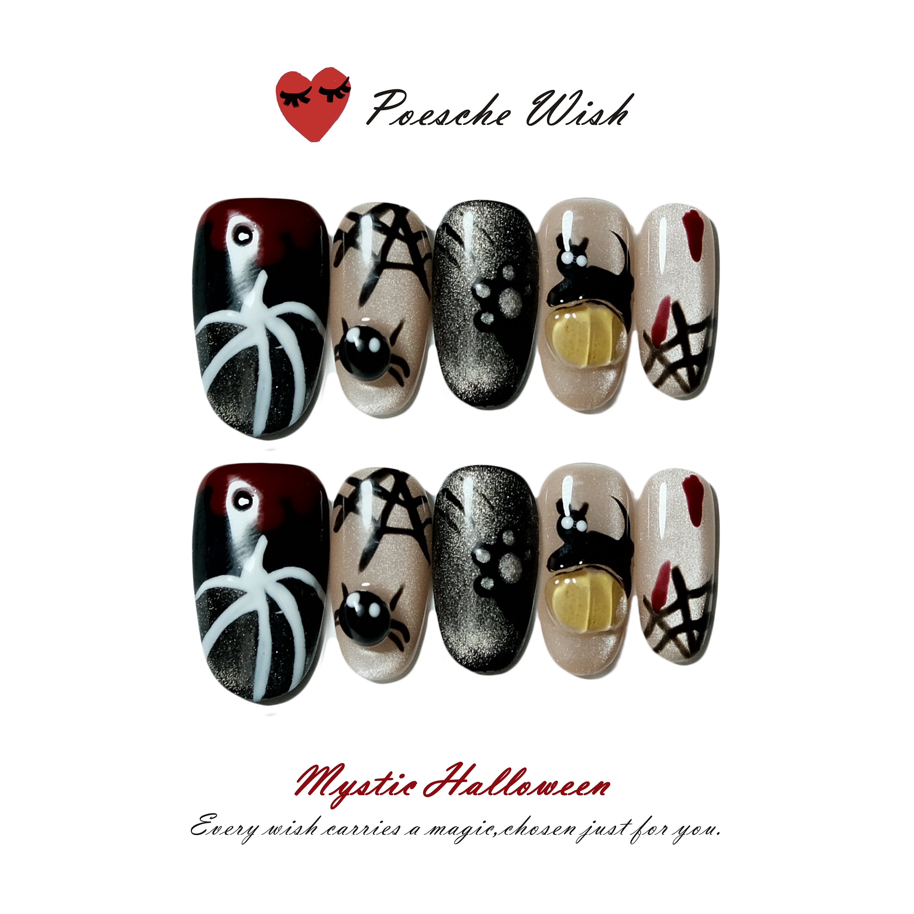 Mystic Halloween: Whimsical Black Cat & 3D Spiderweb Cat-Eye Art Nails