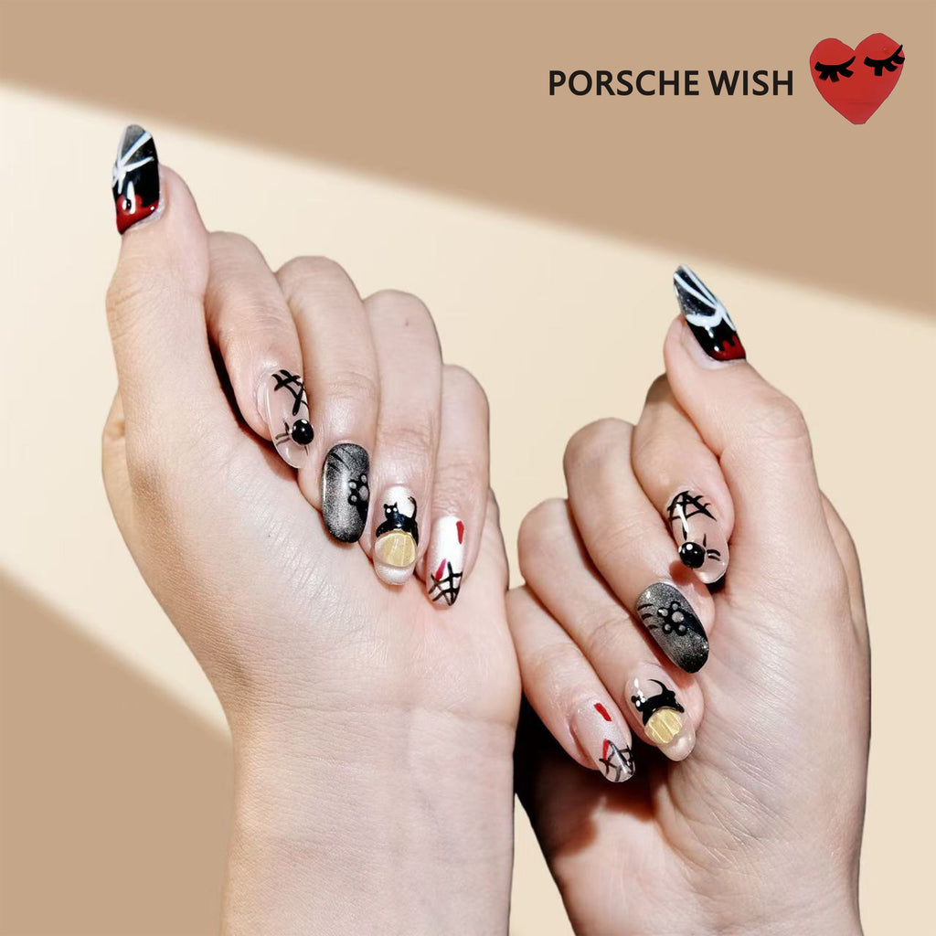 Mystic Halloween: Whimsical Black Cat & 3D Spiderweb Cat-Eye Art Nails