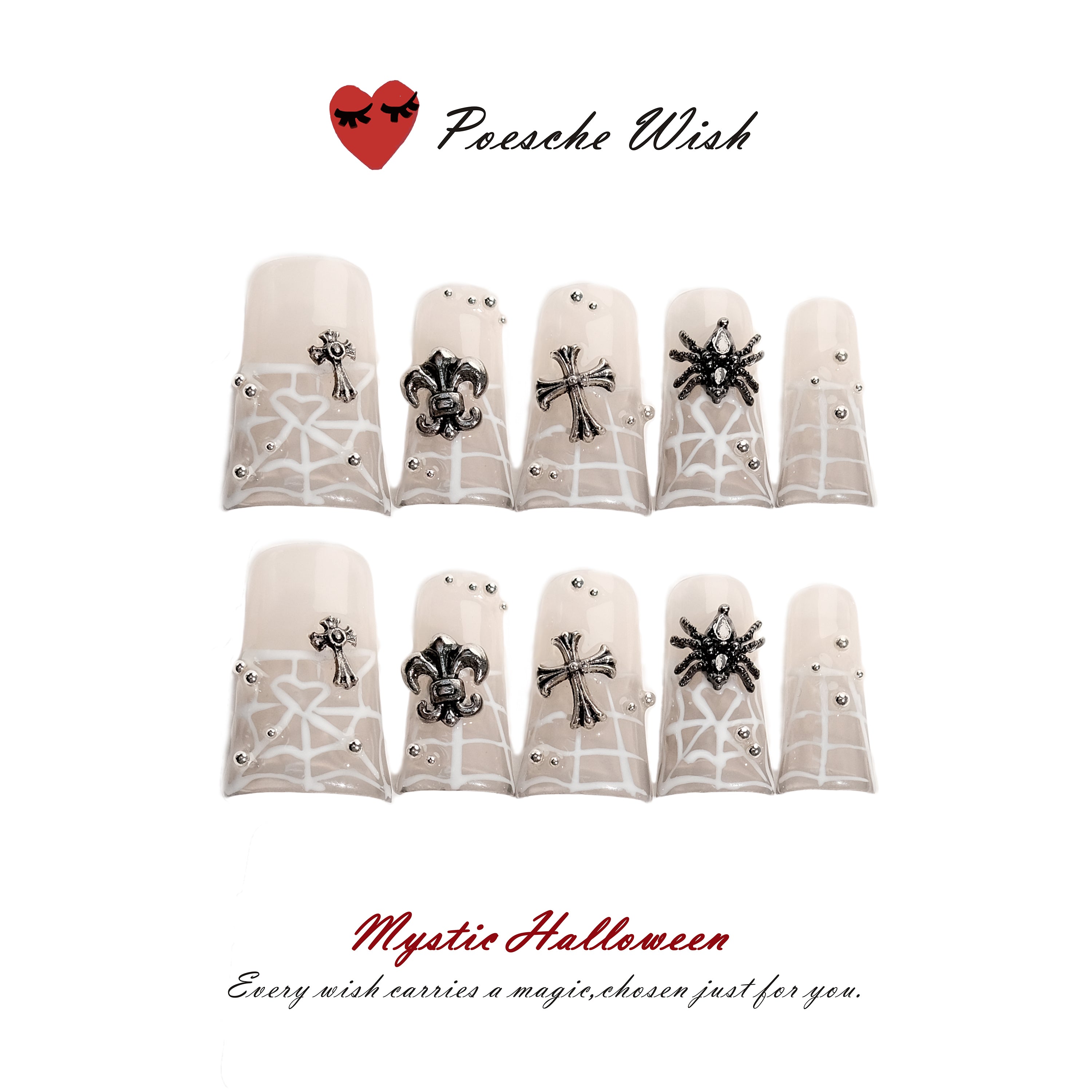 Mystic Halloween: Gothic Silver Frost 3D Cross & Spiderweb Milky White Nails