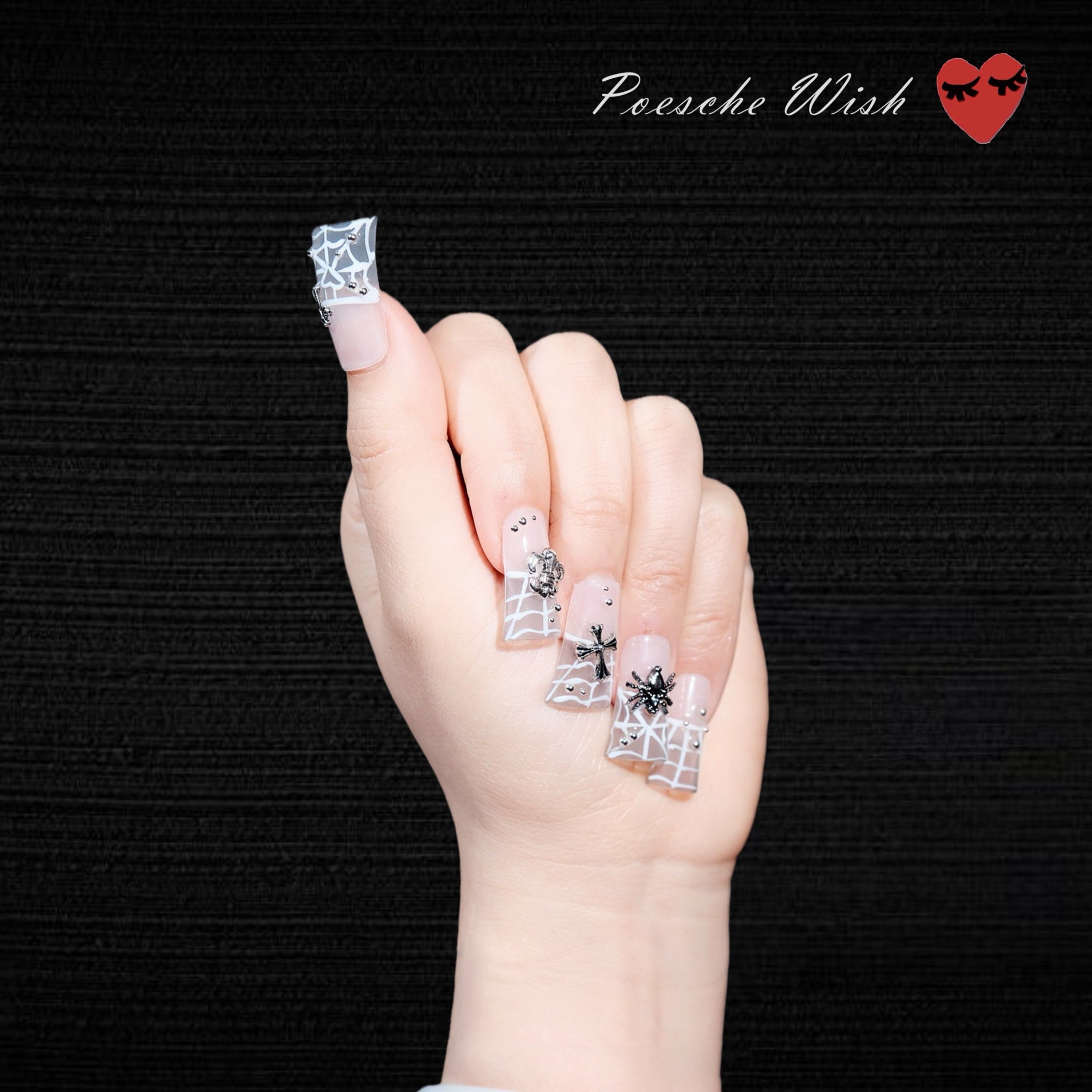 Mystic Halloween: Gothic Silver Frost 3D Cross & Spiderweb Milky White Nails